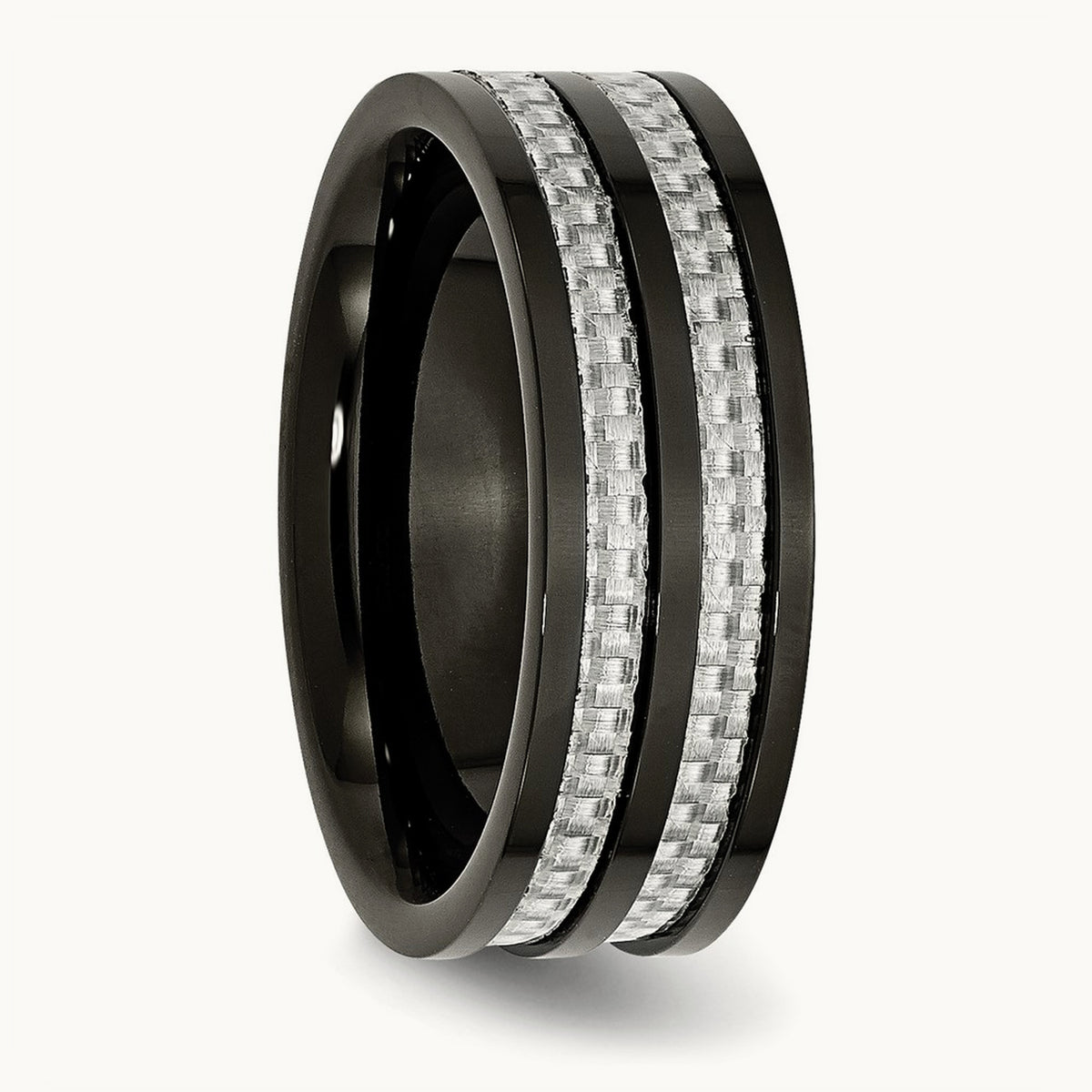 Stainless Steel Polished Black IP-plated Grey Carbon Fiber Inlay 8mm Band