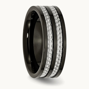 Stainless Steel Polished Black IP-plated Grey Carbon Fiber Inlay 8mm Band