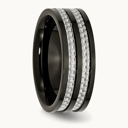 Stainless Steel Polished Black IP-plated Grey Carbon Fiber Inlay 8mm Band