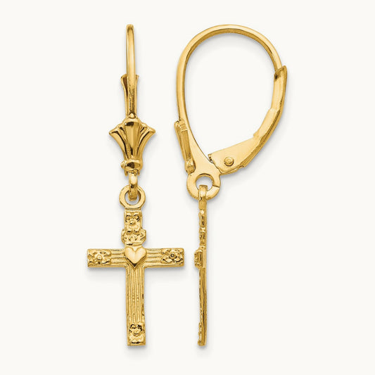 Mini Cross with Heart Leverback Earrings — 14K Yellow Gold