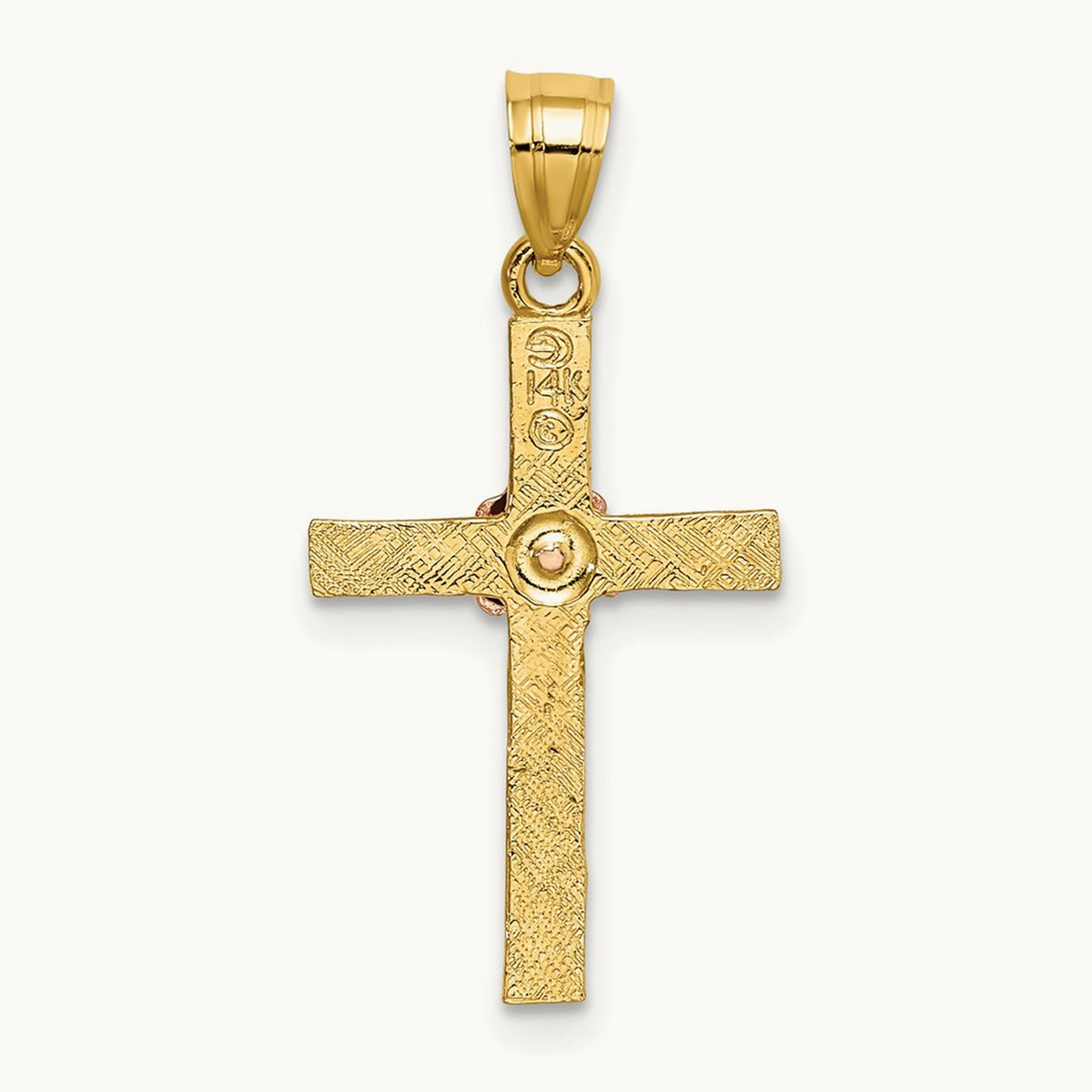 Textured Cross w/ Flower Charm, 14K Two-tone