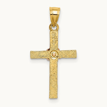 Textured Cross w/ Flower Charm, 14K Two-tone