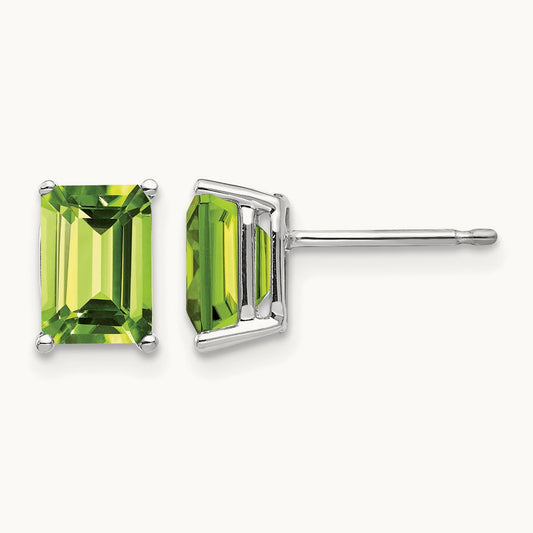 7x5mm Emerald Cut Peridot Earrings, 14K White Gold