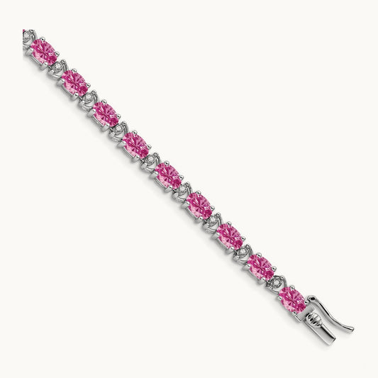 Oval Created Pink Sapphire and Diamond Bracelet, 14K White Gold