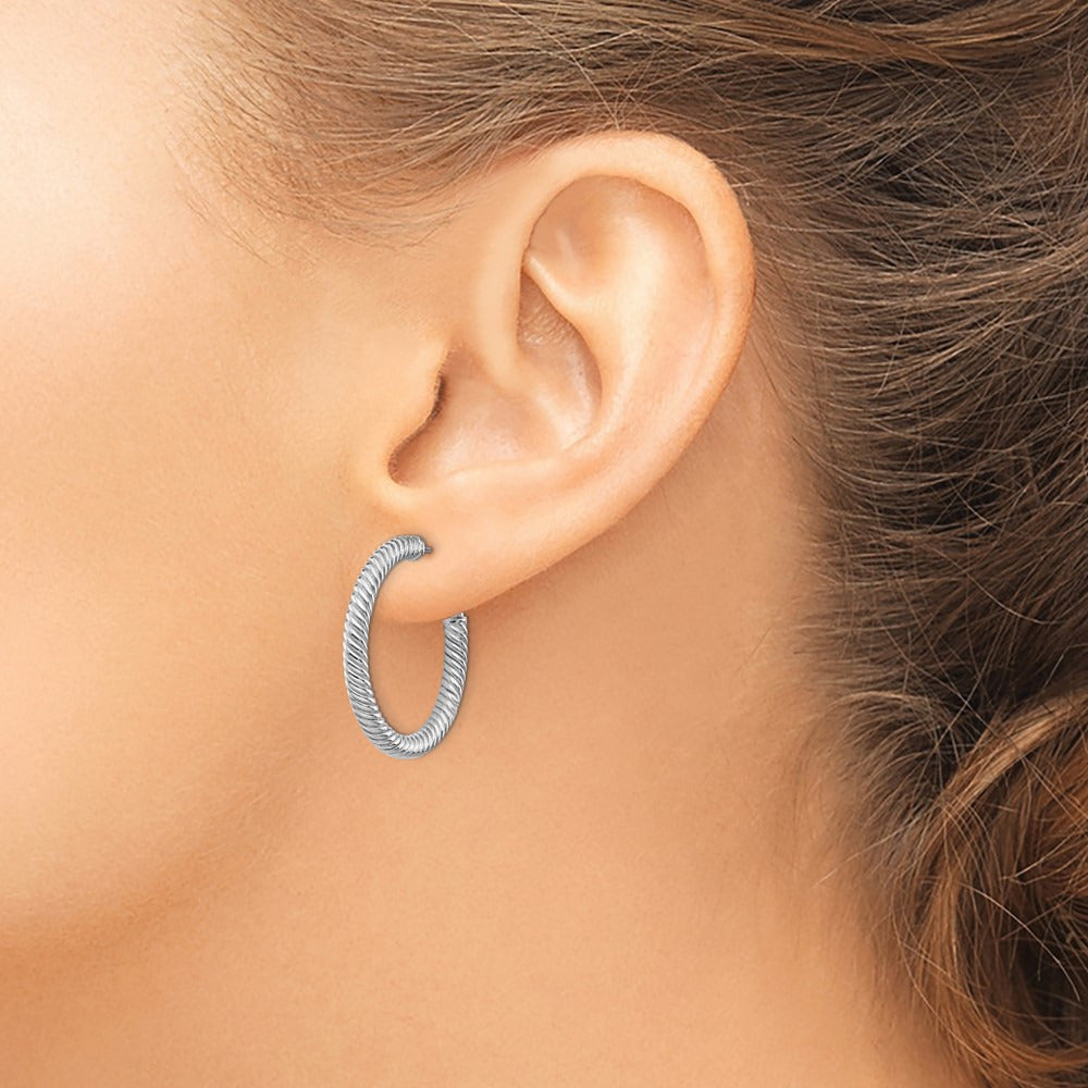 Twisted Round Hoop Earrings — 14K White Gold, 3x26mm