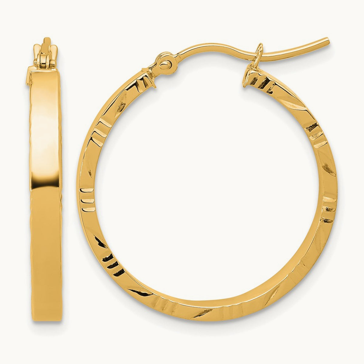Diamond-cut Edge Medium Polished Hoop Earrings — 10K Yellow Gold
