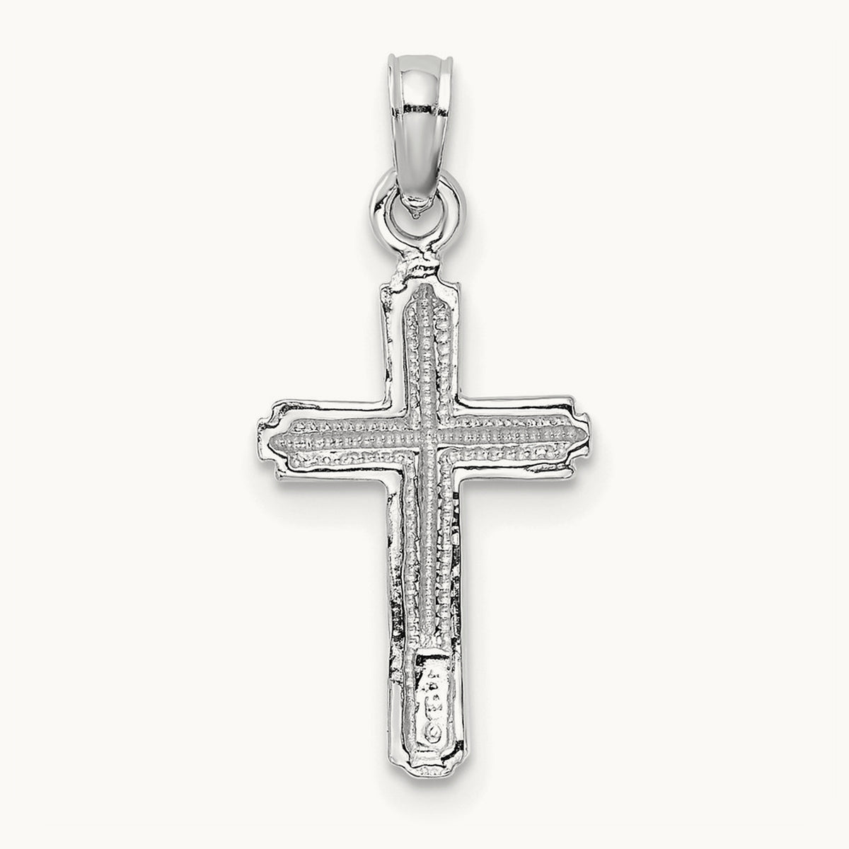Polished Cross With Striped Border Pendant — 14K White Gold, 23mm