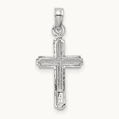 Polished Cross With Striped Border Pendant — 14K White Gold, 23mm