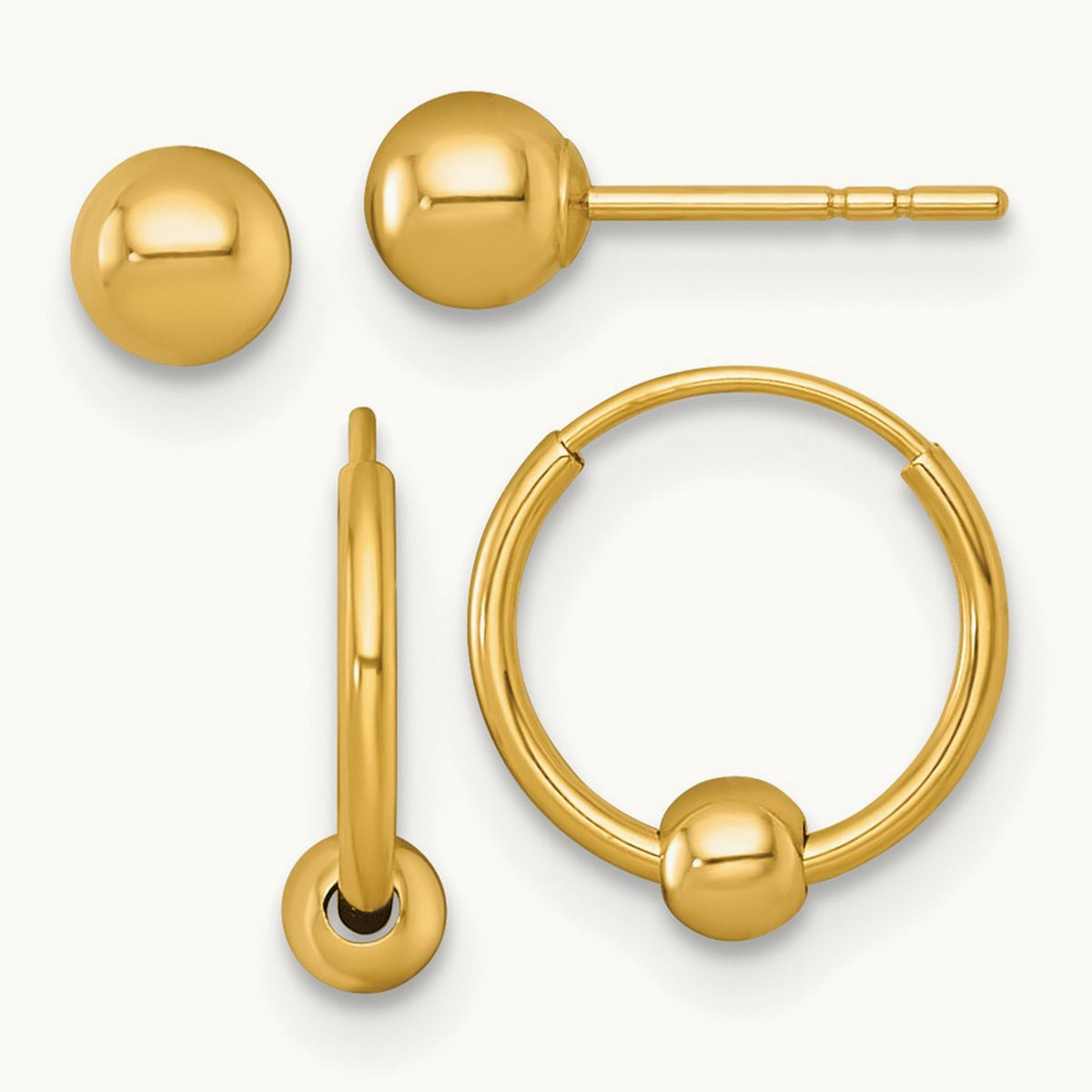 Polished Set of Two Post and Hoop w/ Bead Earrings, 14K