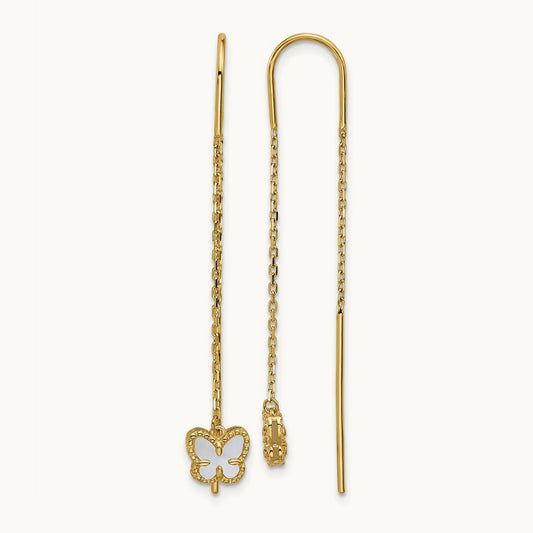 Polished Mother of Pearl Butterfly Cable Chain Threader Earrings, 14K