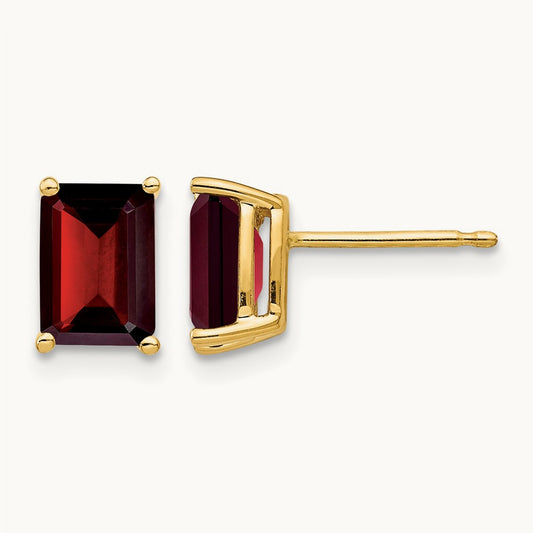 7x5mm Emerald Cut Garnet Earrings, 14K