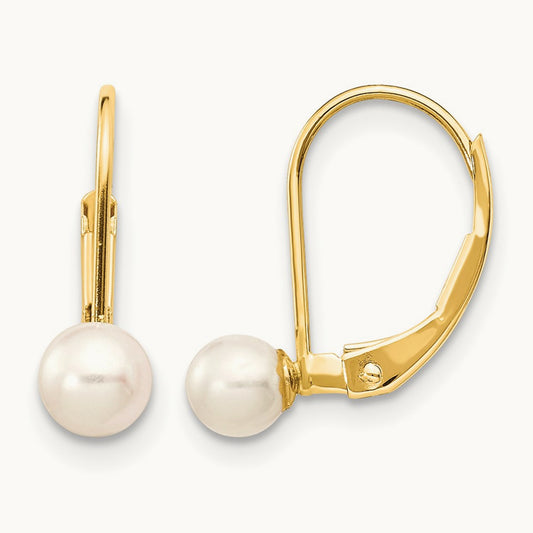 4- White Round Freshwater Cultured Pearl Leverback Earrings, 5mm, 14K
