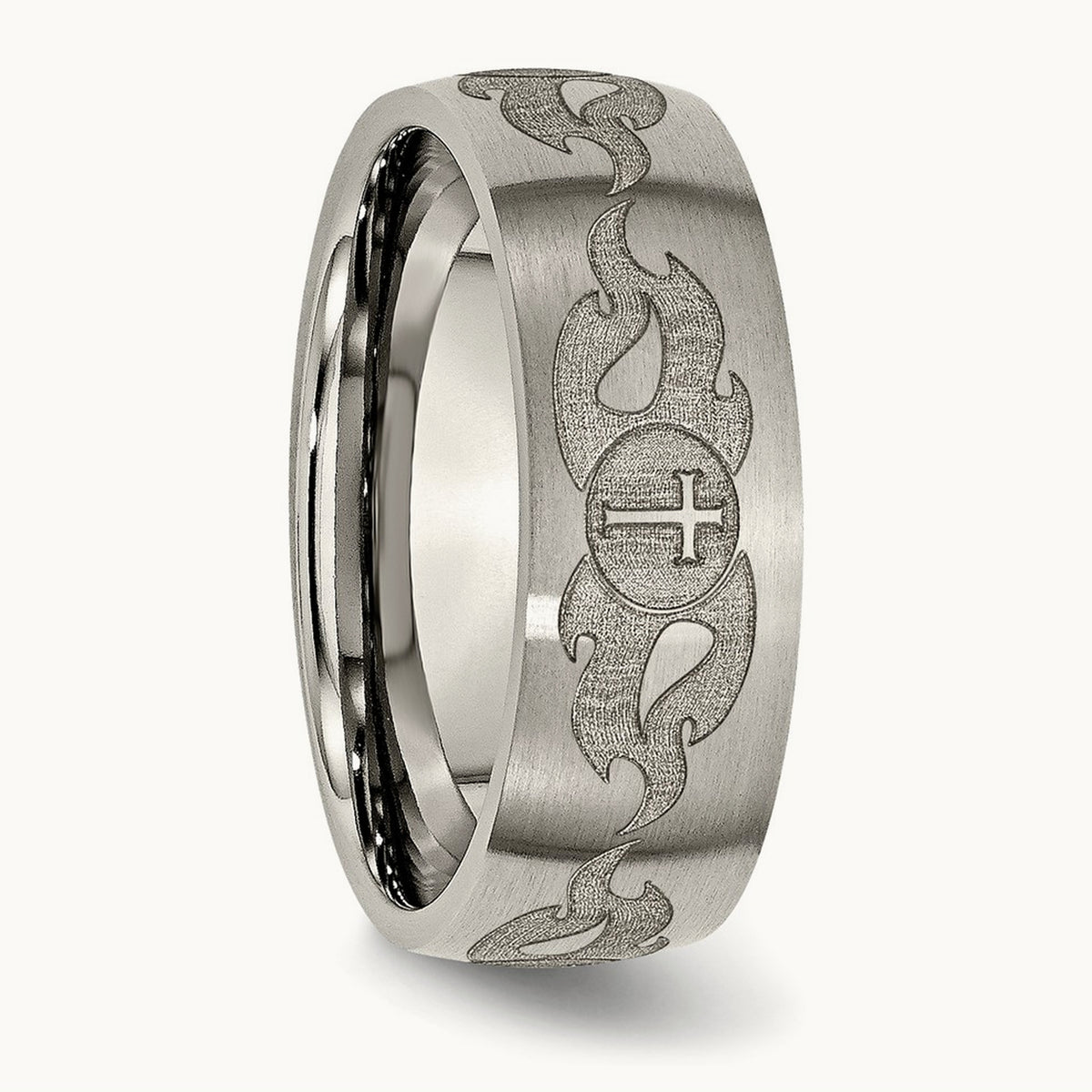 Brushed Cross with Flames Laser Design Band — photo set