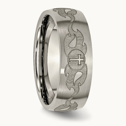Brushed Cross with Flames Laser Design Band — photo set