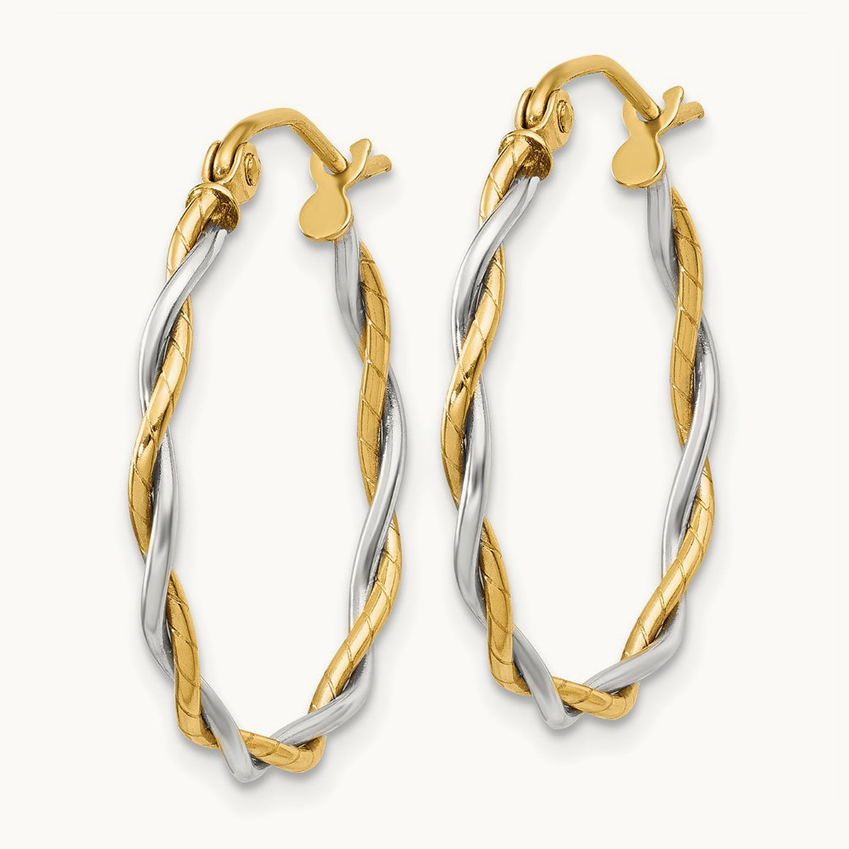 Twisted Dual Band Hoop Earrings — 14K Two-Tone Gold, 21mm, 1.8mm