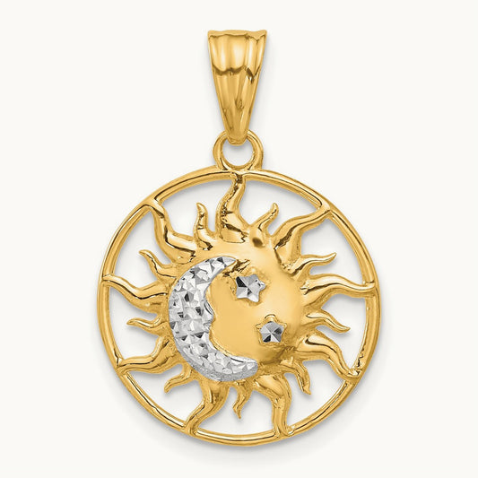 D/C Sun Moon Stars Pendant, 14K with White Rhodium