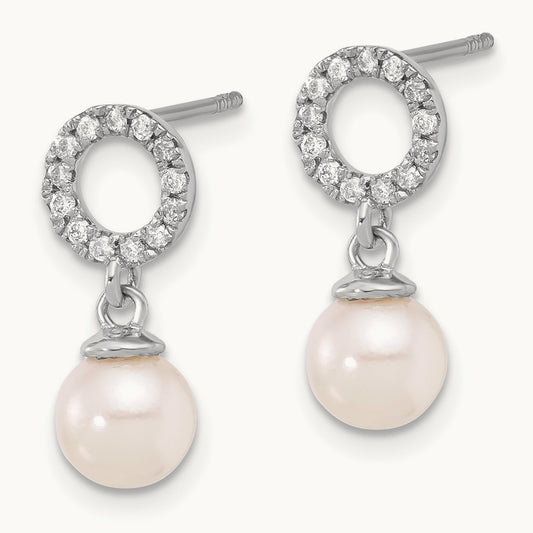 6- Rnd White Akoya Pearl and .20ct Dia Dangle Earrings, 7mm, 14K White Gold