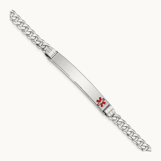 Medical Red Enamel Flat Curb Link ID Bracelet, 14K White Gold