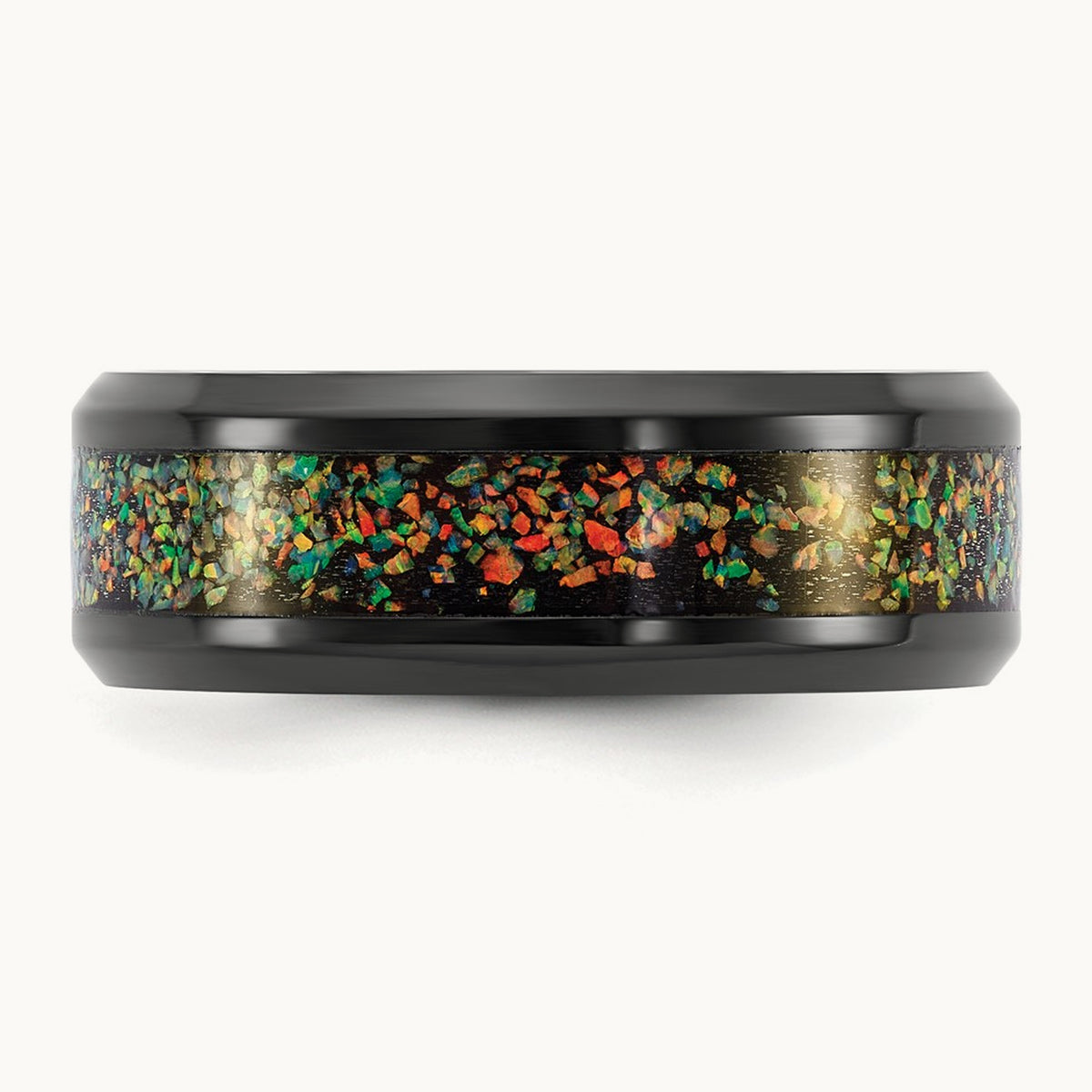 Polished Black IP-plated Multi-color Opal Inlay Band, 8mm, Stainless Steel