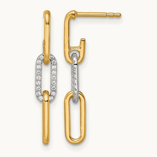 Diamond Paperclip Link Dangle Post Earrings, 14K Two-tone Gold
