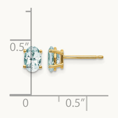 6x4 Oval March/Aquamarine Post Earrings — 14K Yellow Gold
