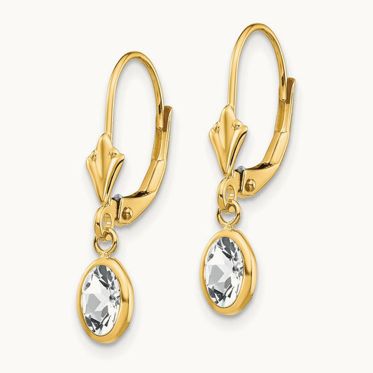 6x4 Oval Bezel April/White Topaz Leverback Earrings, 14K