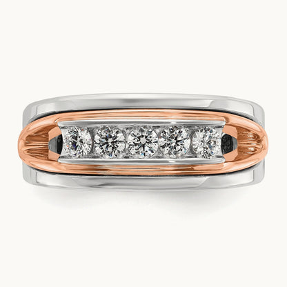 White/Rose Gold IBGoodman Men's Polished 5-Stone Diamond Ring, 14K