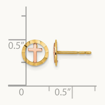Circle with Cross Post Earrings, 14K Two-tone