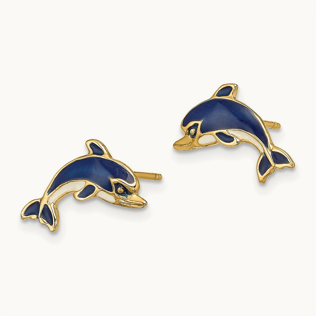 Blue and White Enamel Dolphin Post Earrings, 14K