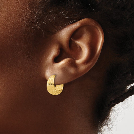 Polished/Grooved Round Huggie Hoop Earrings — 14K Yellow Gold