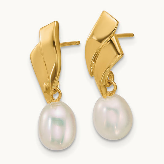 Polished 5- Teardrop FW Cultured Pearl Post Dangle Earrings, 7mm, 14K