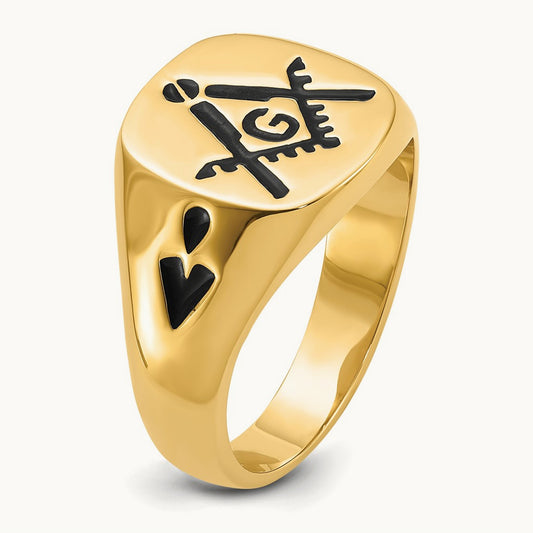 Men's Polished and Grooved with Black Enamel Masonic Ring, 14K