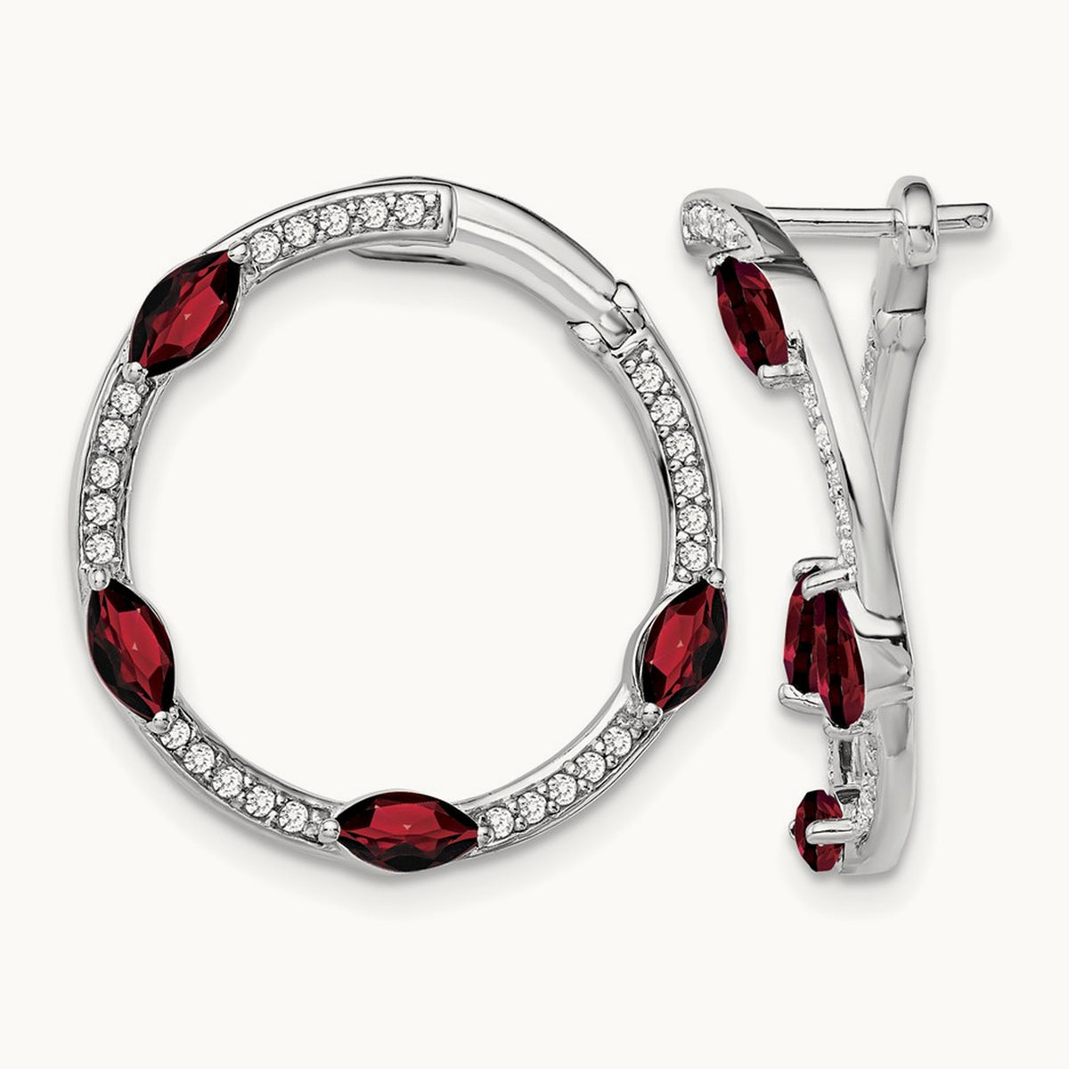 Garnet and Diamond Hoop Earrings, 14K White Gold