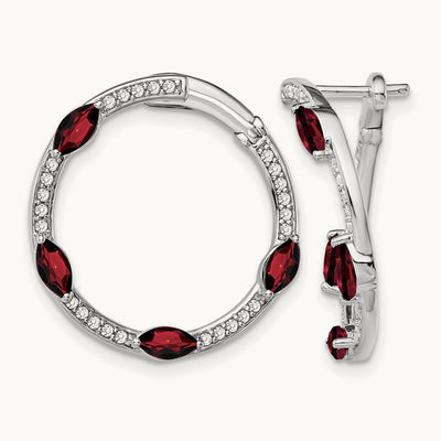 Garnet and Diamond Hoop Earrings, 14K White Gold
