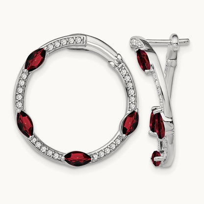 Garnet and Diamond Hoop Earrings, 14K White Gold