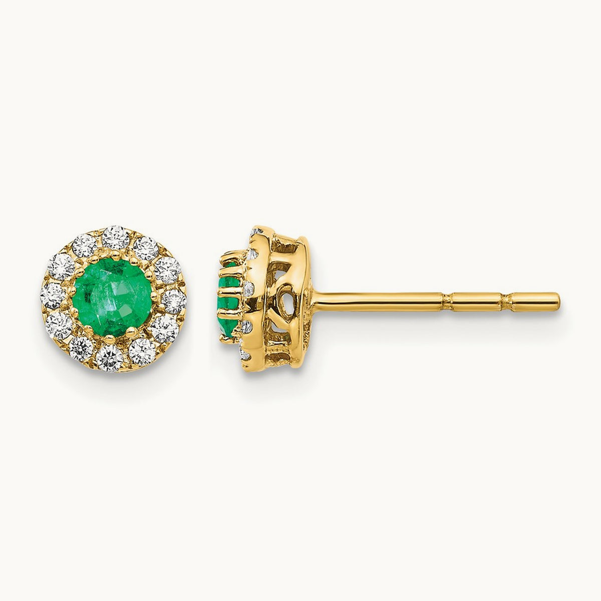 Diamond and Emerald Halo Post Earrings, 14K Gold