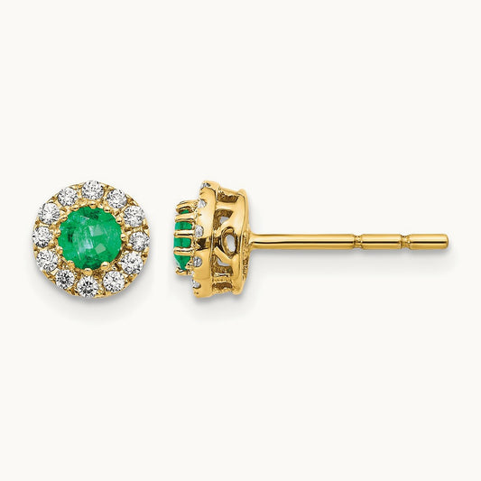 Diamond and Emerald Halo Post Earrings, 14K Gold