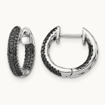 Black Diamond Hinged Hoop Earrings, 14K White Gold