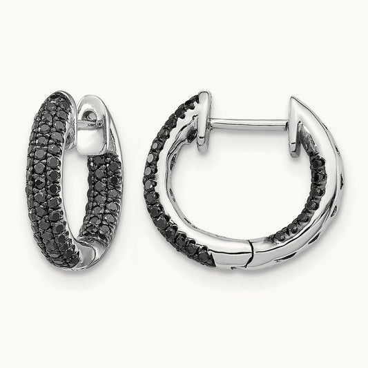 Black Diamond Hinged Hoop Earrings, 14K White Gold