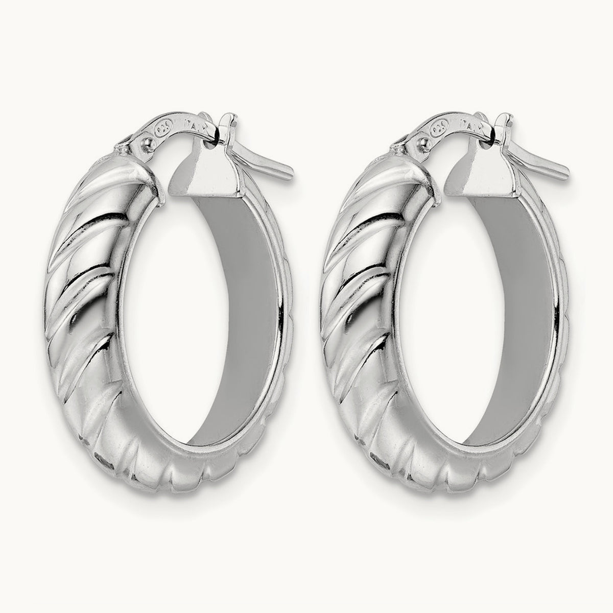 Rhod-plated Polished Textured Hoop Earrings — 21mm