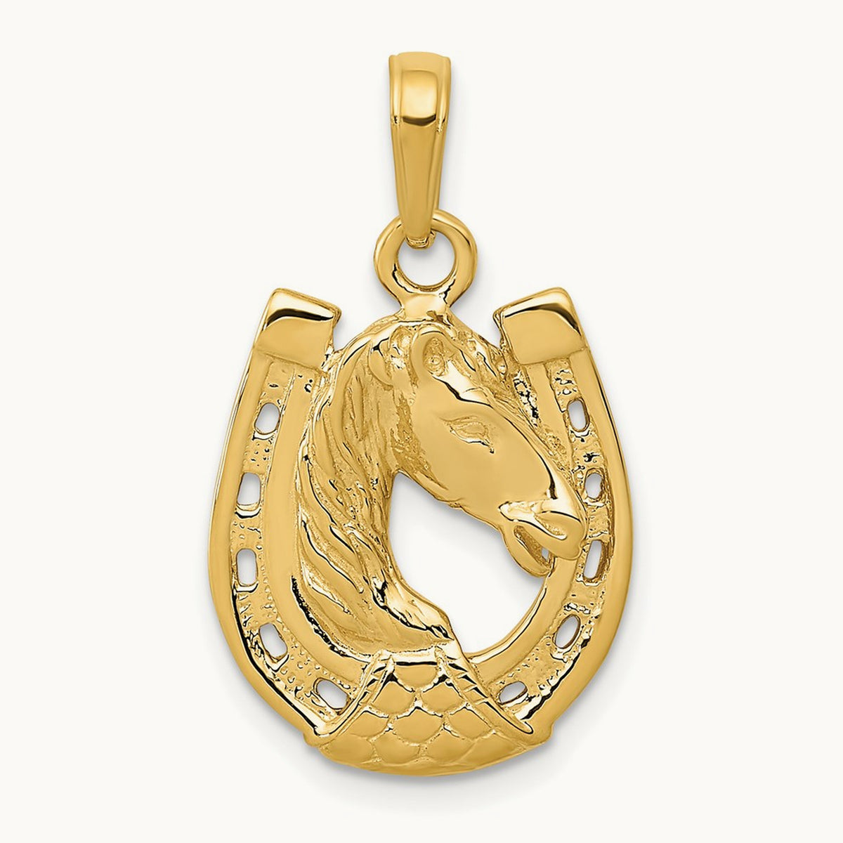 Solid Polished Horse Head in Horseshoe Pendant — 14K Yellow Gold
