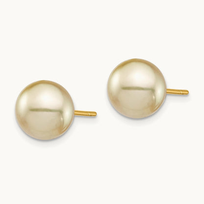 9- Golden Round Saltwater Cultured South Sea Pearl Post Earrings, 10mm, 14K