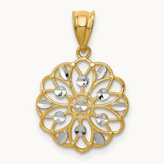 w/Rhodium Diamond-Cut Round Pendant, 14K