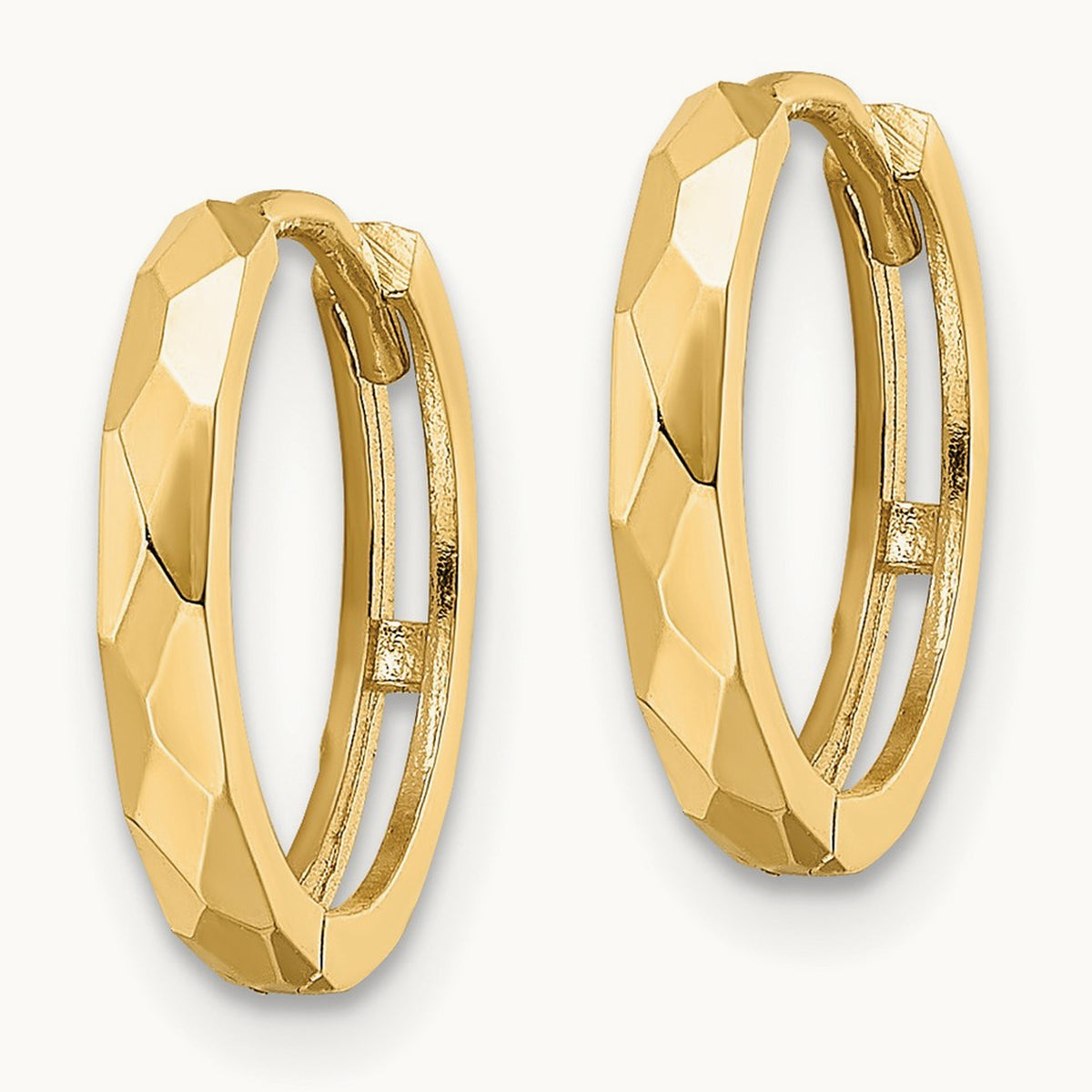 Polished Faceted Hinged Hoop Earrings — 14K Yellow Gold, 2x14mm