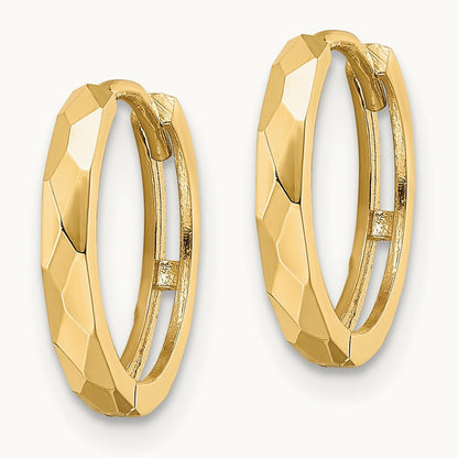 Polished Faceted Hinged Hoop Earrings — 14K Yellow Gold, 2x14mm