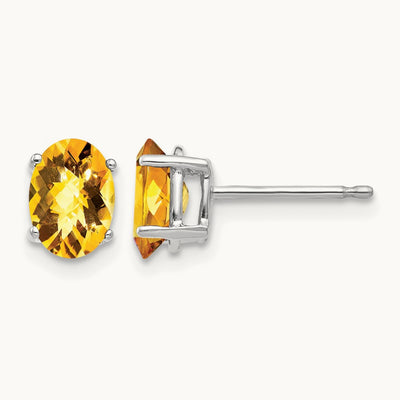 7x5mm Oval Citrine Checker Earrings, 14K White Gold