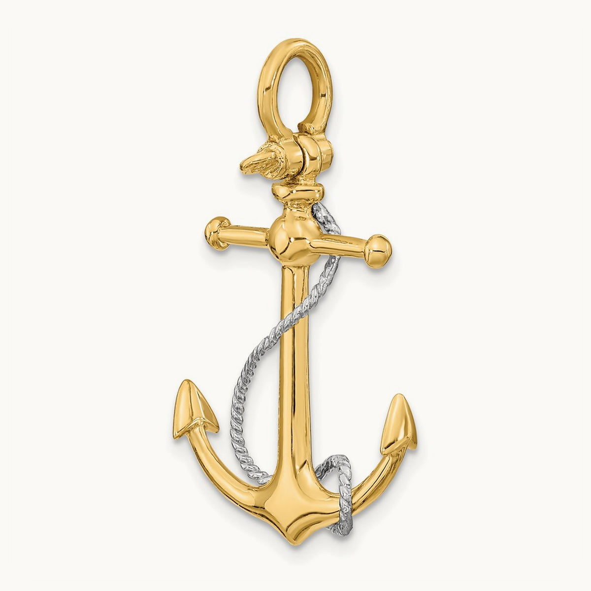 3-D Anchor w/T Bar and Rope w/Shackle Bail Charm, 14K Two-tone