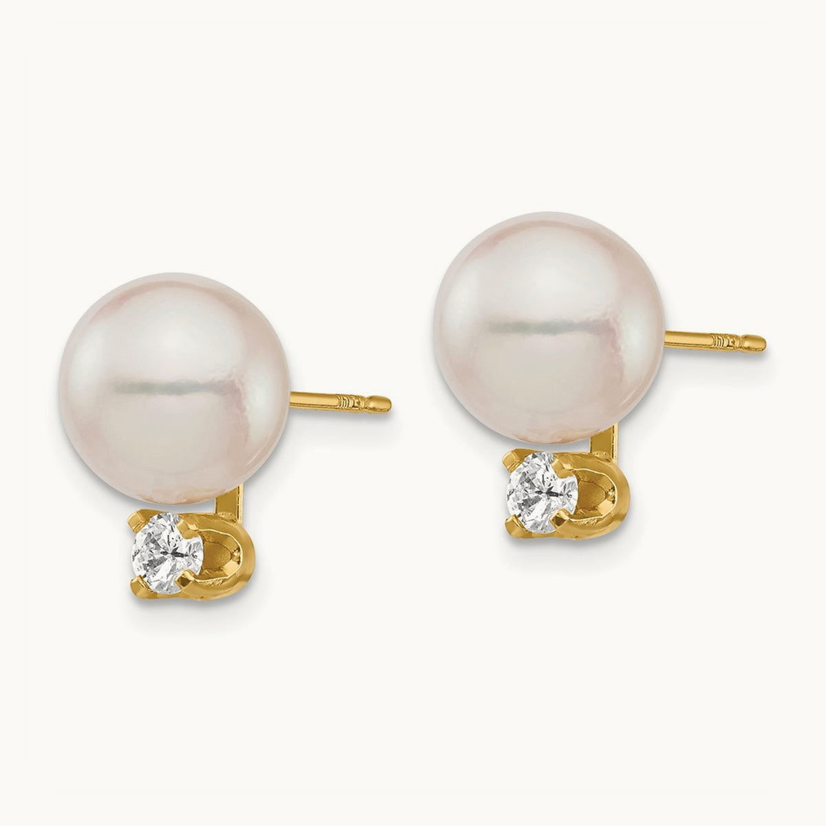 8- White Round Saltwater Akoya Cultured Pearl Diamond Post Earrings, 9mm, 14K