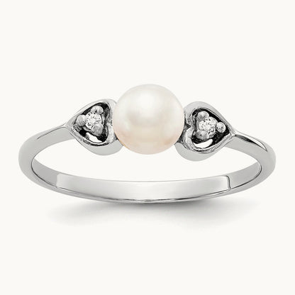 FW Cultured Pearl AA Diamond ring, 4.5mm, 14K White Gold