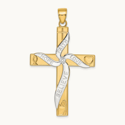 w/Rhodium HOPE FAITH LOVE BELIEVE Cross Pendant, 14K